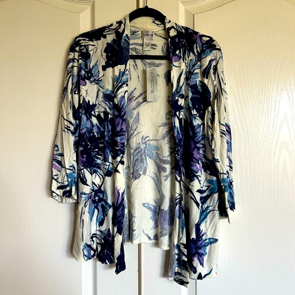 Chico's Sweaters - Chico’s brushed floral flout, blue and white cardigan 3/4 sleeves size 2 large